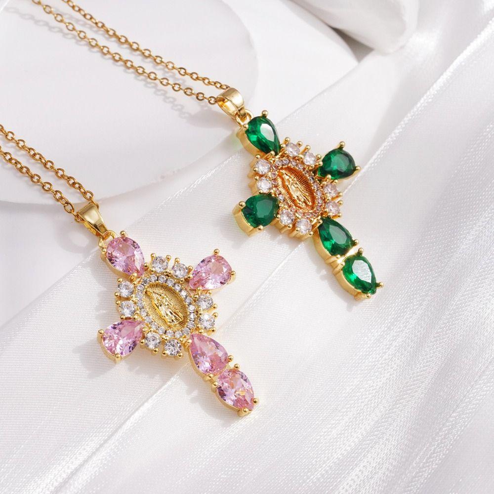 Vergoldetes Kristall-Kruzifix-Halskette Retro Europäischer Stil Kruzifix-Anhänger Kette Herren