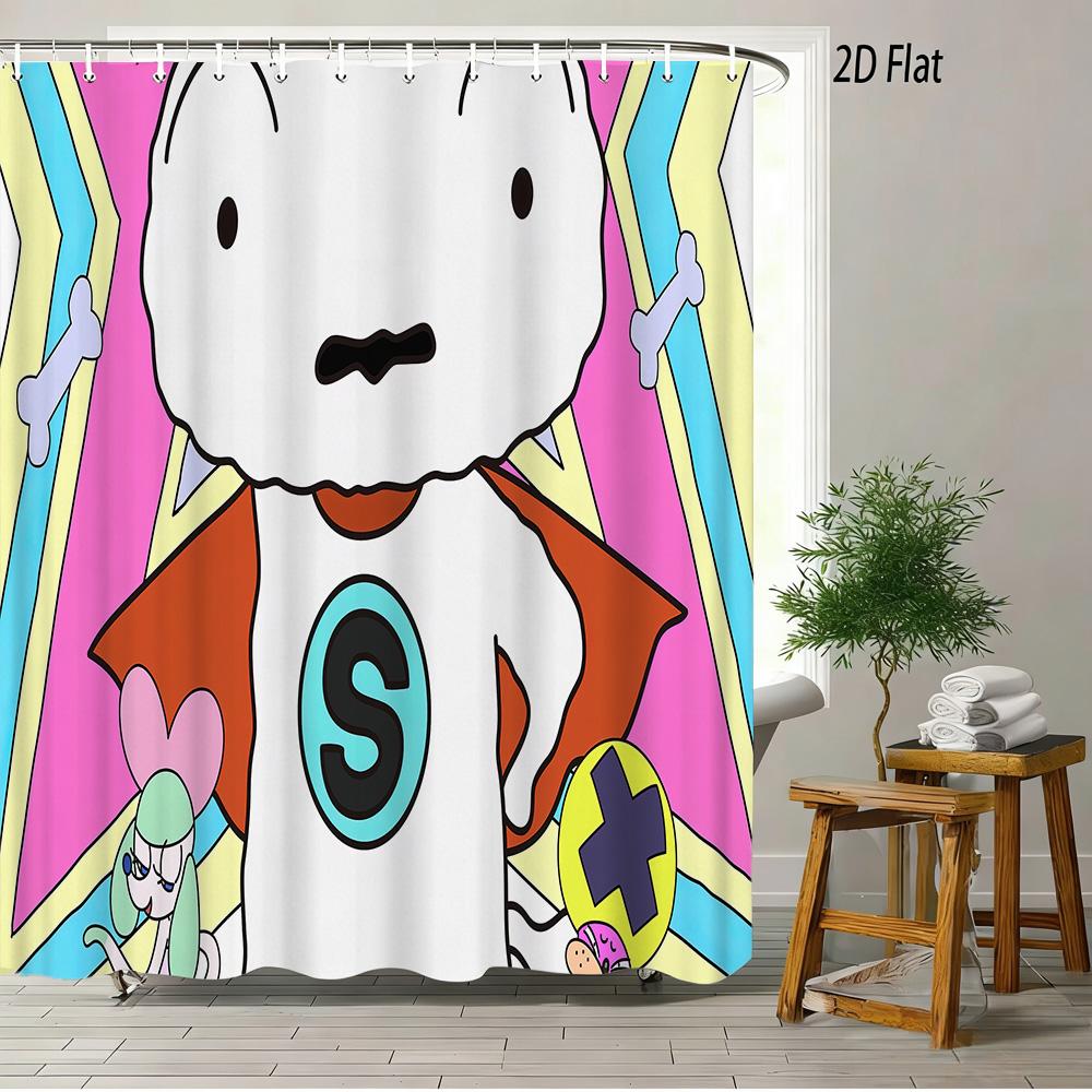 Crayon Shin-Chan Cheese & Shiro 2D Print Waterproof Shower Curtain, Cute Cartoon Bathroom Decor With Hooks