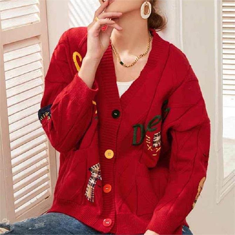 College Style Embroidered Knitted Cardigan Women's Autumn and Winter V-neck Loose Large Size Sweater Jacket Women's Color Buckle