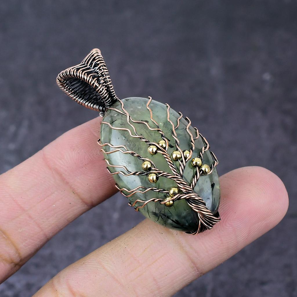 Natural Moss Prehnite Handmade Copper Wire Wrap Tree Of Life Pendant 2.01" l7Z36