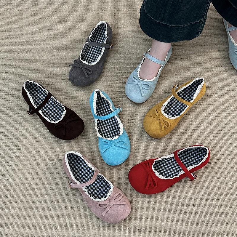 Fashion retro gentle bow Mary Jane single shoes women's 2025 summer new one-word buckle lace ballet shoes