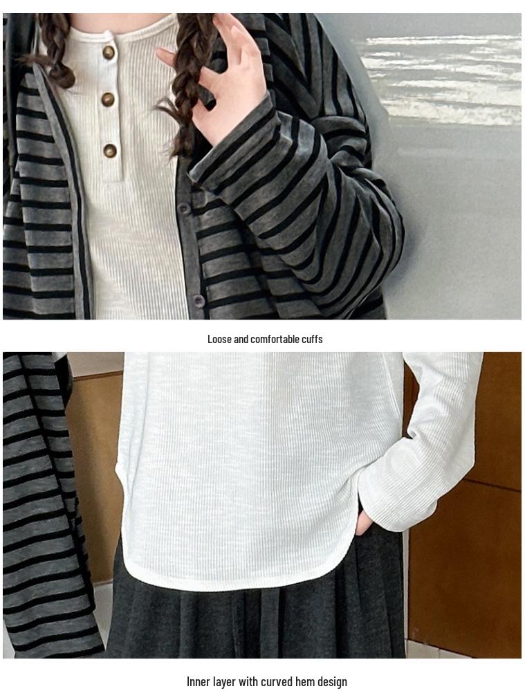 Mädchen 2025 Gestreiftes Cardigan-Set - Herbst/Frühling Koreanischer Stil 3-teiliges Outfit