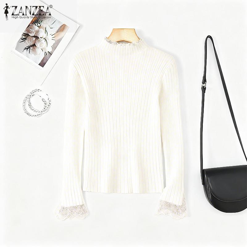 

ZANZEA Женские водолазки с длинным рукавом, кружевной вставкой, эластичные, в рубчик, вязаные свитера-майки S белый