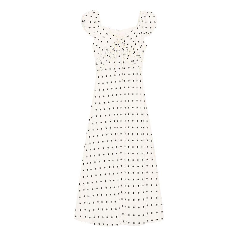 French Gentle Polka Dot Puff Sleeve Dress Women's Summer Tight Waist Elegant Slimming A- Line Skirt Vacation Style Long Dress