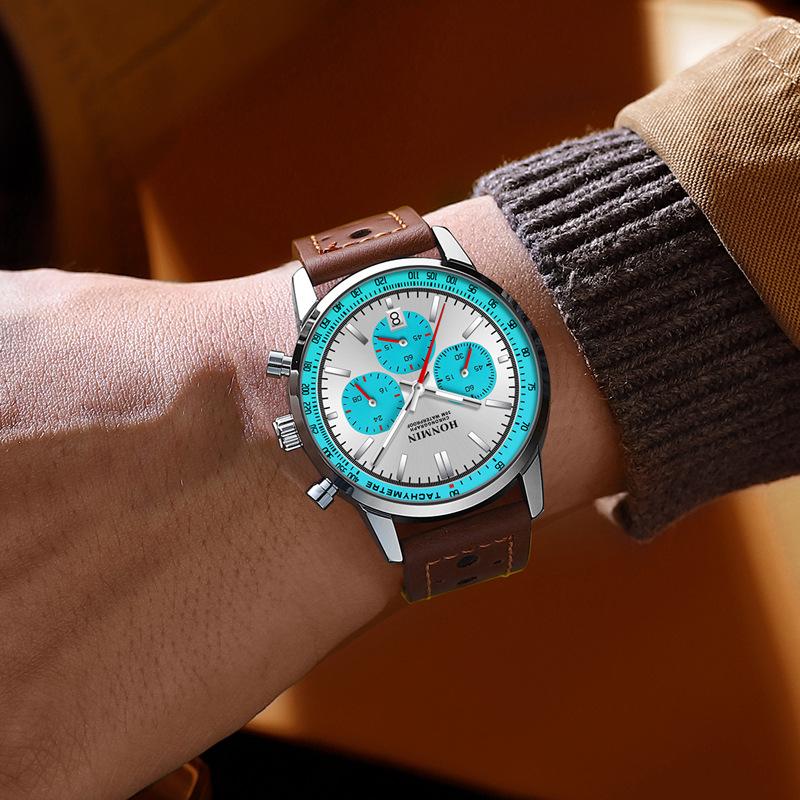 Multifunktions-Sportuhr Herren Luxus Chronograph Kalenderuhr Mann Leder Wasserdicht Leuchtende Armbanduhren