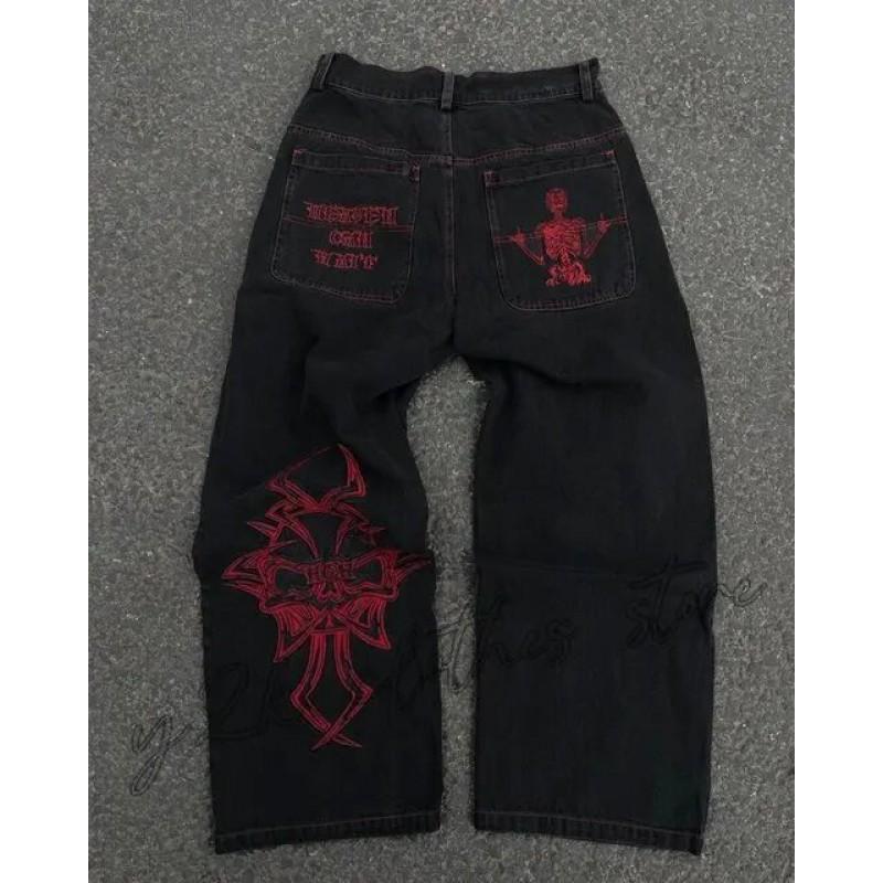 Calças Jeans Masculinas Y2K Hip Hop Góticas de Perna Larga Corte Amplo Streetwear Calças de Brim Calças Casuais