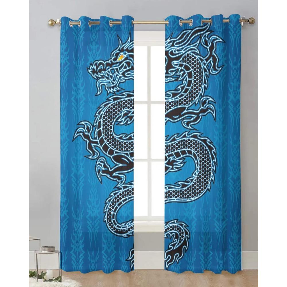 Chinese Style Black Dragon Blue Tulle Sheer Window Curtains for Living Room the Bedroom Modern Voile Organza Curtains Drapes