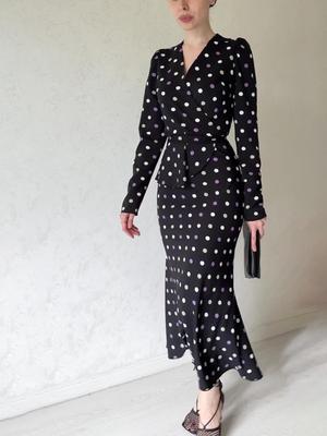 Chic European V-Neck Polka Dot Bodycon Dress with Tie Waist