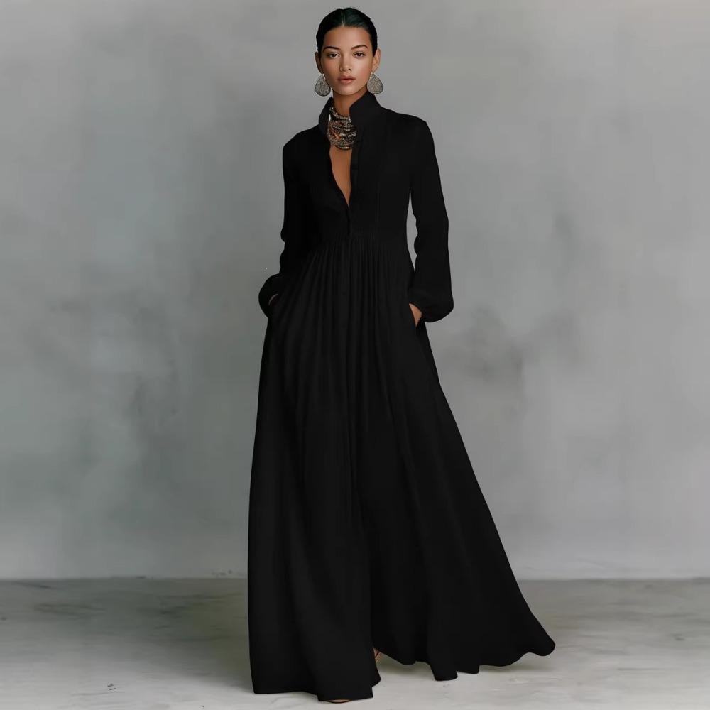 Women's Stand Collar Long Sleeve Solid Color High Waist Pleated A-Line Maxi Dress With Pockets