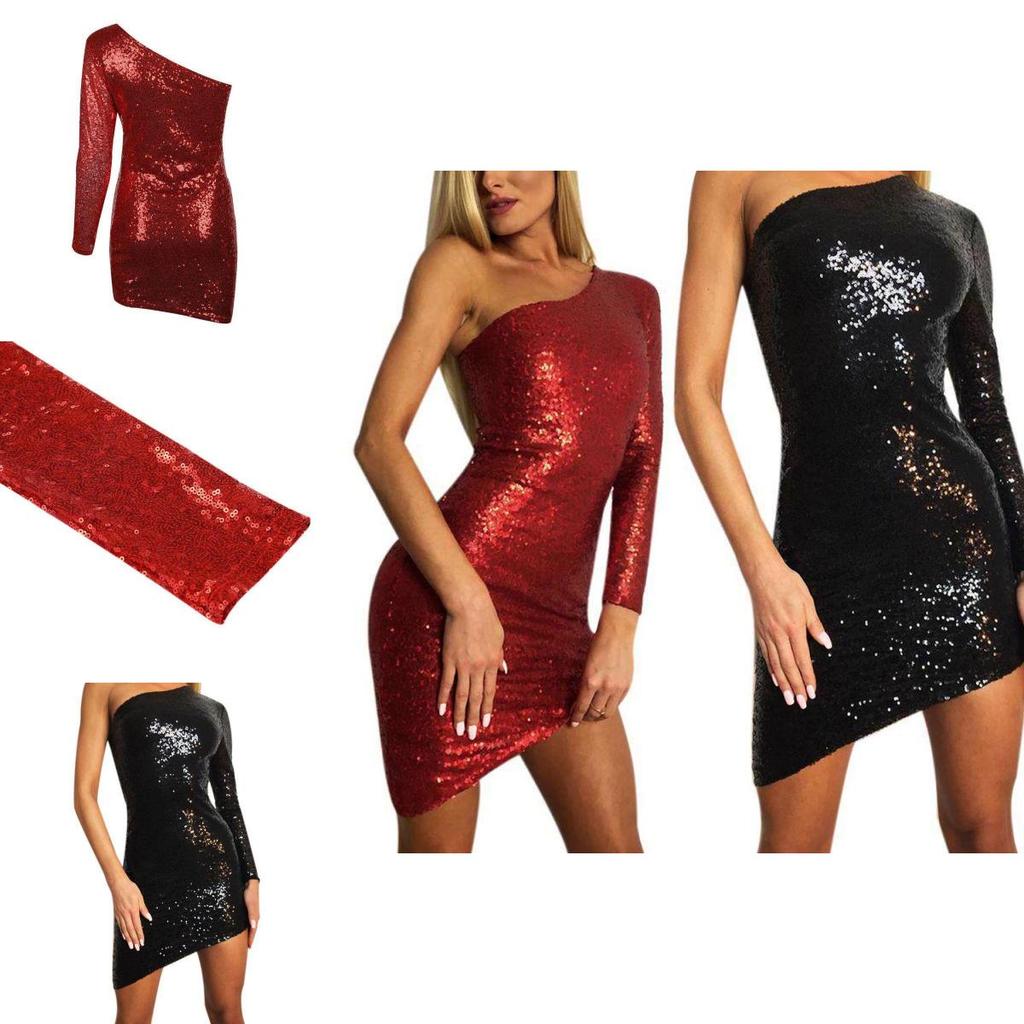 Womens Evening Party Skirt Sexy Single Sleeve Club Dress With Sparkling Night Sequin Shoulder