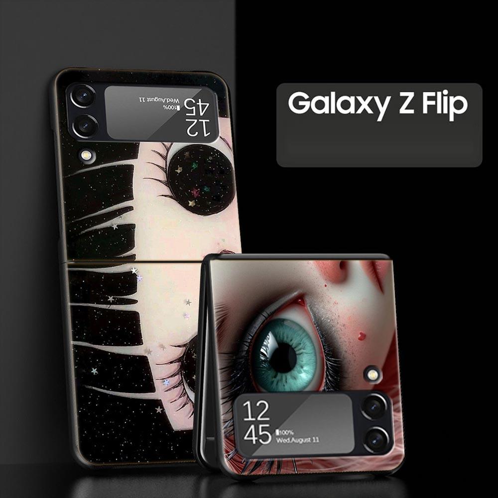 Hard PC Phone Case For Samsung Galaxy Z Flip 7 6 5 4 Black Cover For Galaxy Z Flip 3 Foldable Shockproof Cute Black Big Eyes Bag