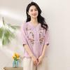 Women Pink V Neck Floral Embroidery Half Placket Three Quarter Sleeve Cotton Linen Blouse