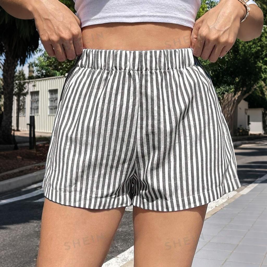 Damen Baumwollshorts Gestreift Elastischer Bund Pyjamahose Lounge Schlafshorts mit Taschen Sommerkleidung