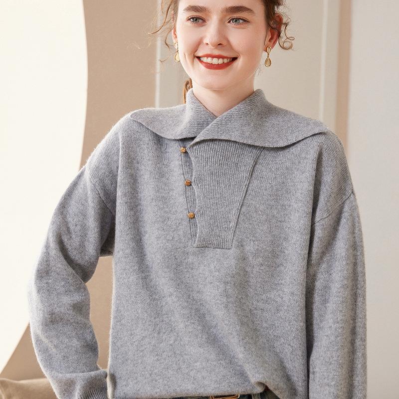 Women's Solid Color Cashmere Lapel Knit Sweater - Long Sleeve, Loose Fit, Warm Pullover for Autumn & Winter