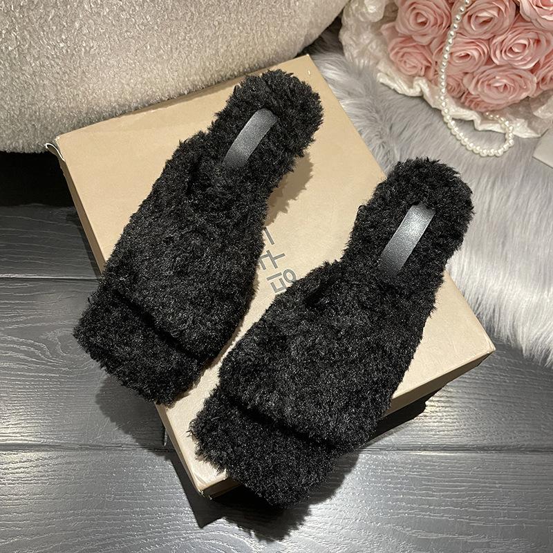 Imitation lamb wool, one word comfortable and soft fluffy slippers 2025 new outer wear home fashion high-heeled slippers