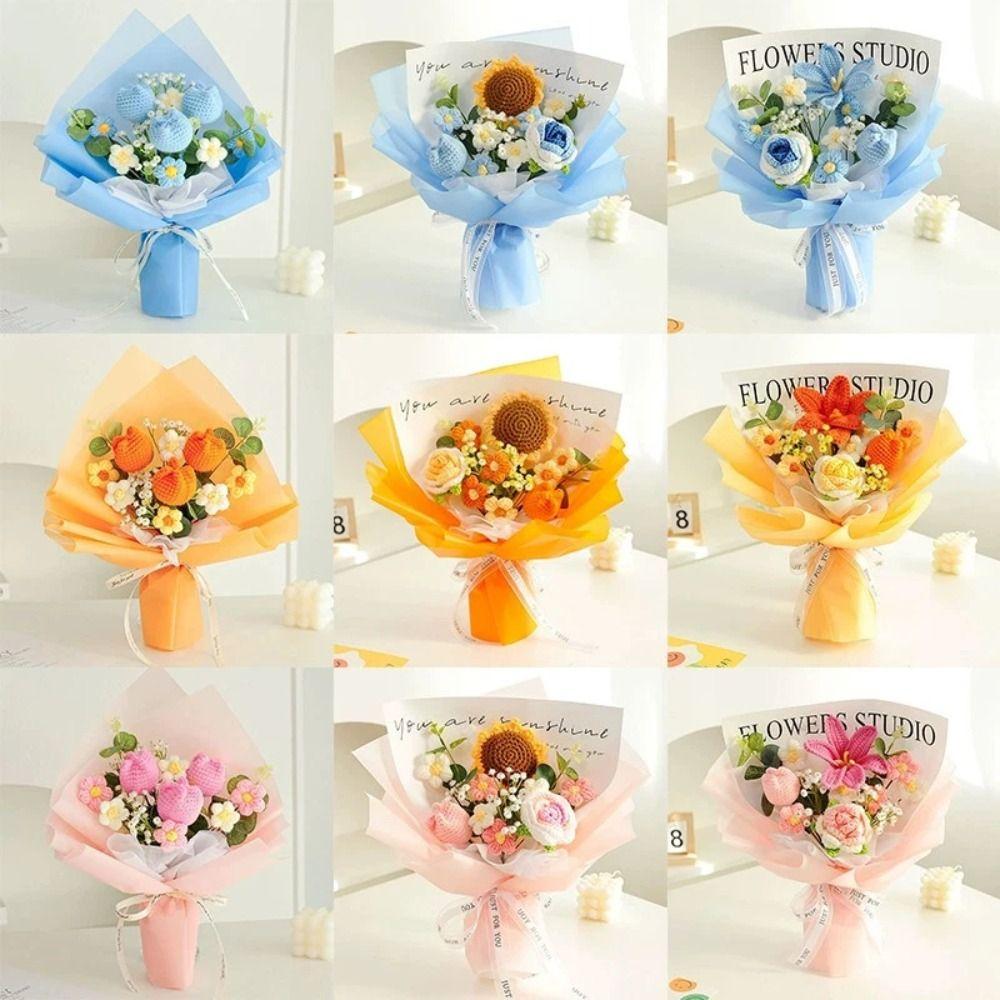 Cotton Crochet Bouquet Sunflower Rose DIY Handmade Handmade Woven Bouquet Woven Artificial Knitted Flower Graduation Gifts