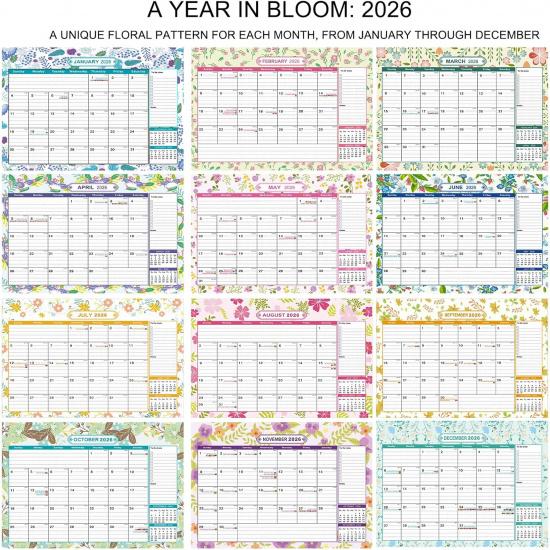 2026 Wall Calendar 12 Month - 15”*11.8” Large Wall Calendar 2026 with Stickers Thick Paper Hanging Calendars for Family Home Office School Flower