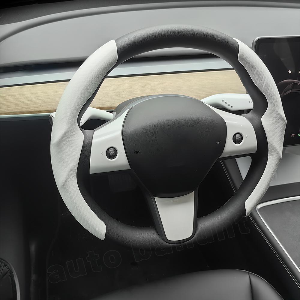 2 Stück Für Tesla Neues Modell 3+Highland 2025 für Modell Y/3 Weiß Kohlefaser Silikon Schwarz Wildleder Auto Lenkradabdeckung Rutschfest