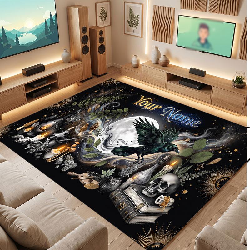 Skull Gothic Theme Crystal Velvet Floor Rug Personalized Custom Name Text Warm Carpet Home Decoration