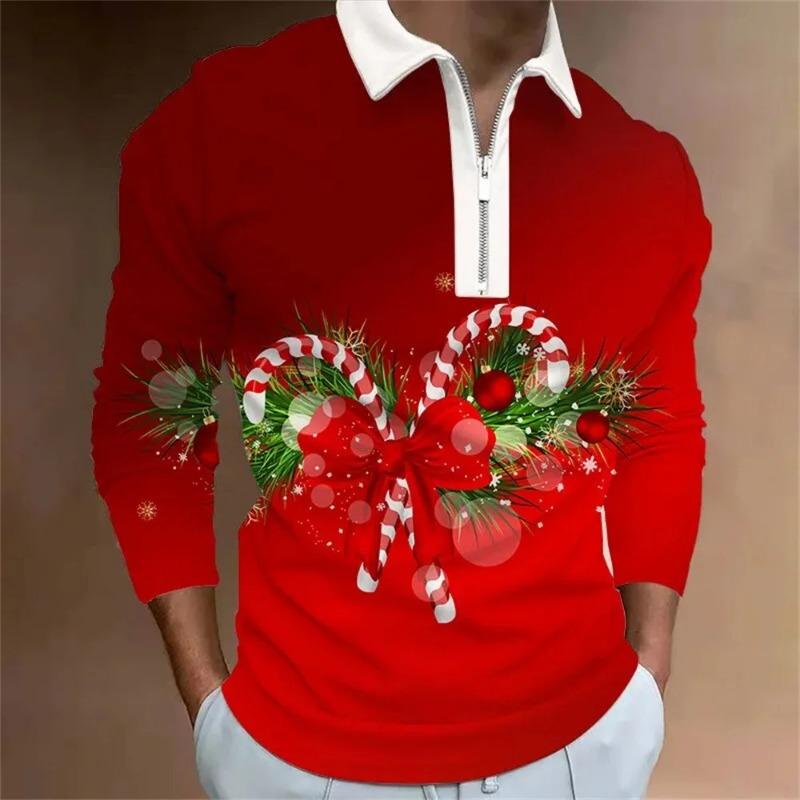 Men Fashion Spring Autumn Polyester Zippo Polo Shirt  Christmas 3D Digital Print Casual Polo Shirt Tops
