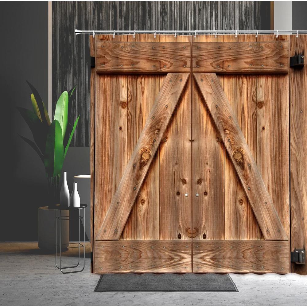 Bauernhaus Dekorativer Duschvorhang aus Holztür Retro Rustikale Scheunenholztür Europa Western Country Home Decor Badvorhanghaken