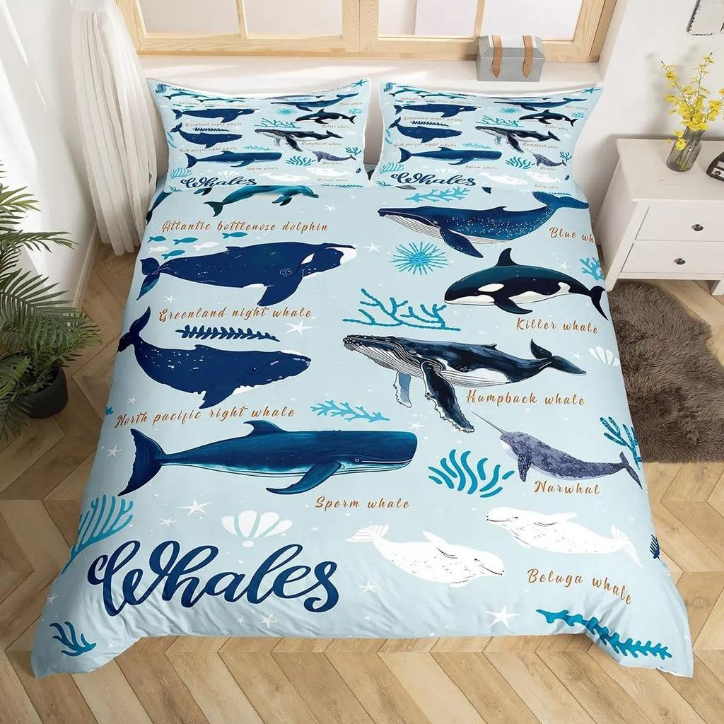 3D Ocean Shark Whale Print Duvet Cover Set, Soft Microfiber Sea Life Cartoon Bedding Set With Pillowcases