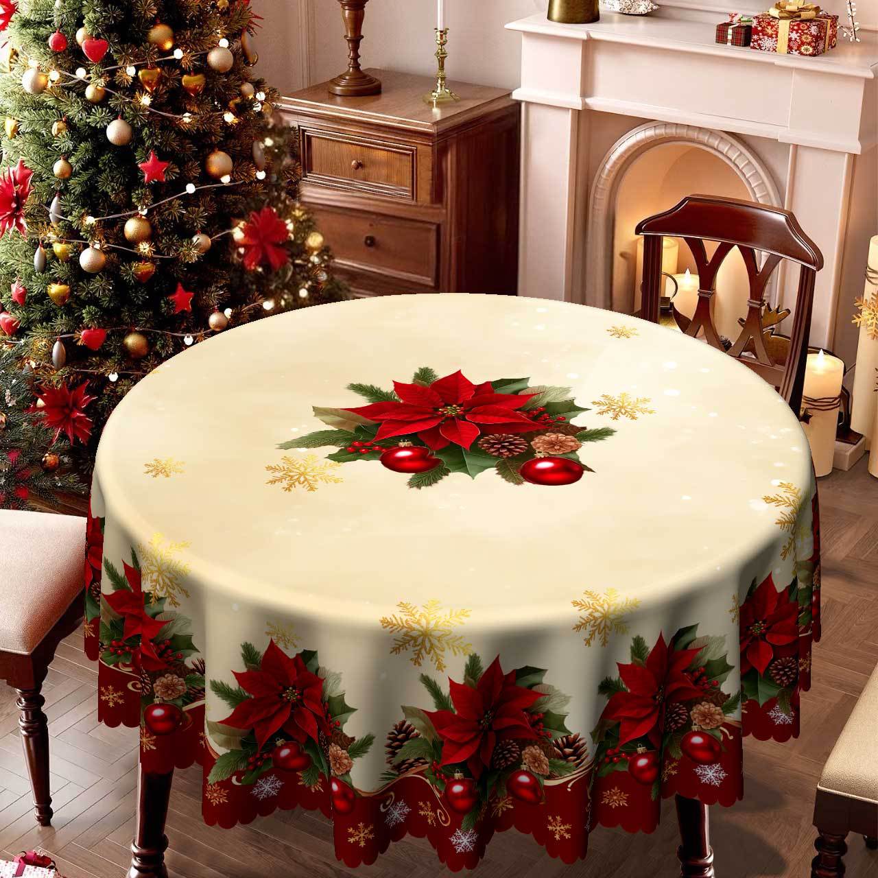 

Christmas Themed Round/Square Dining Table Cloth, Beige Red Flowers, Green Leaves, Berries, Golden Snowflake Pine Cone Pattern Round tablecloth-152x152cm