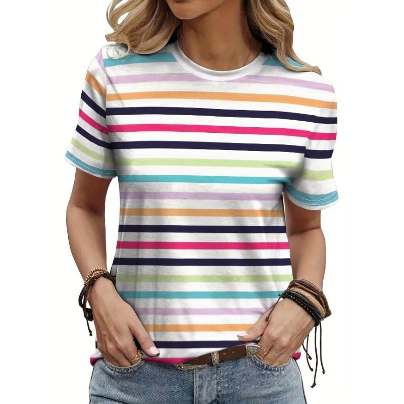 

The Vibrant Multicolor Stripe Print in Fresh Pastels Brings a Cheerful, Retro Vibe perfect for Pairing with Jeans or Shorts S
