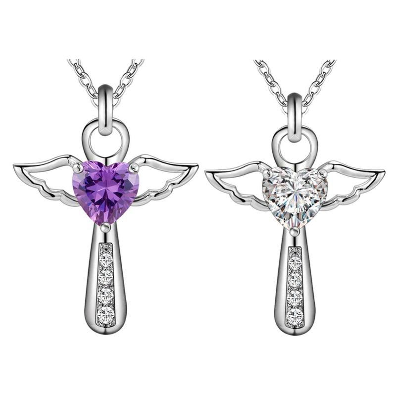 Jesus Cross Love Angel Heart Wing Silver Pendant Necklace 18inch Women Girl Lady Gift