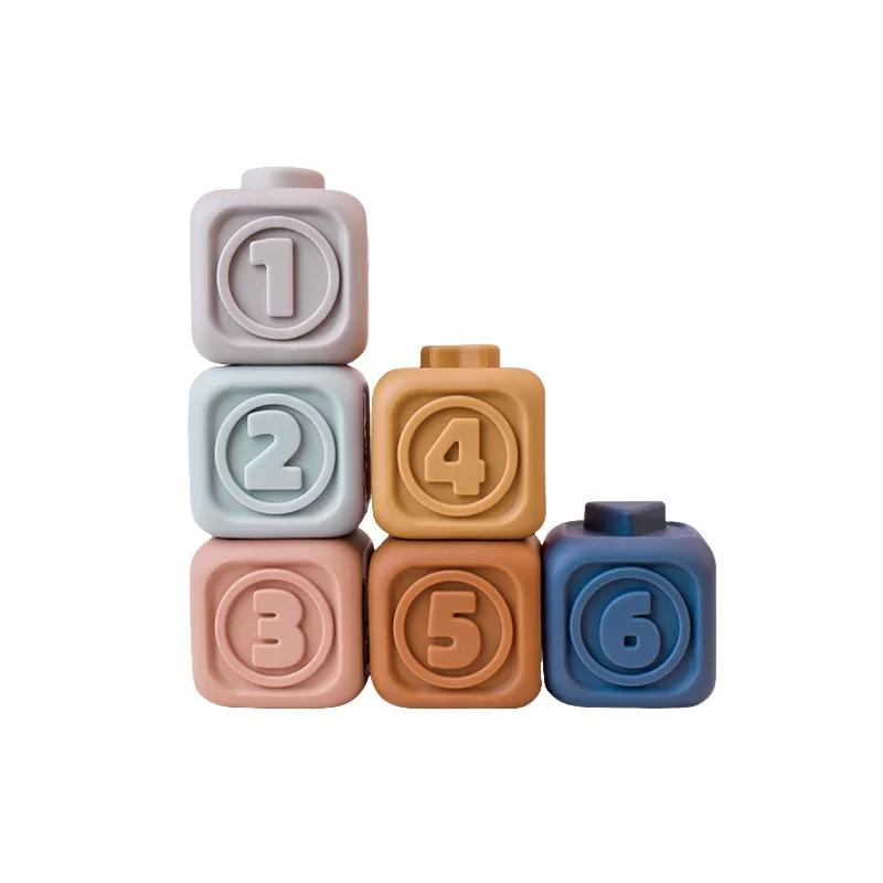 Montessori Educational 3D Block Learning Toys Soft Silicone Cubes Stacking Tower Bath Teether Rattles Children Baby Toy Gifts