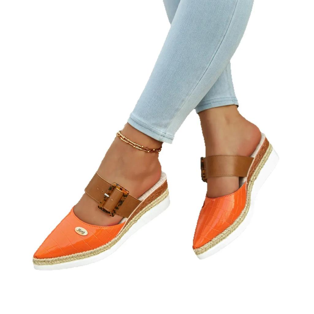 Large Size Spliced Color Headed Sandals with Rope Weave Thick Heel Slip-On Women's Shoes Lightweight Rubber Bottom Casual Slippe