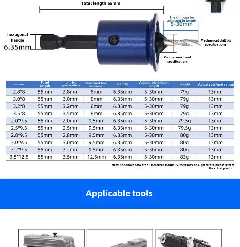 Hexagonal Handle Blue Limited Countersink Drill Bit for Woodworking and Screw Installation.