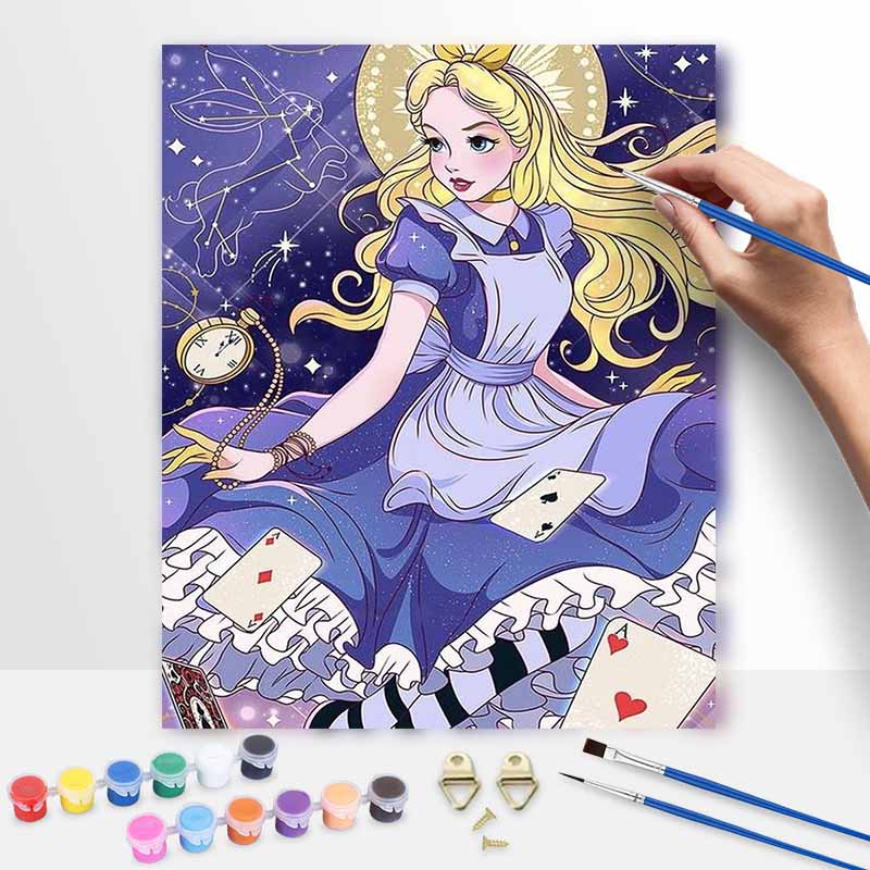 Disney Alice Wonderland Art Painting Set Home Wall Decor Handmade Gift with Rabbit Stars Clock Cards