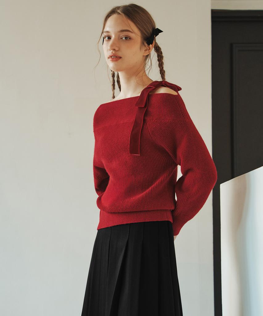 ZEROSTREET [4 Colors] Ribbon Asymmetrical Off-Shoulder Sweater