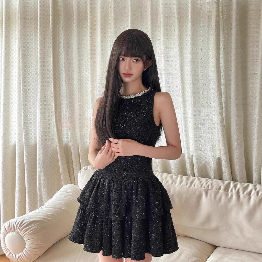 French small fragrant style black vest neck dress female summer small temperament waist thin birthday cake dress