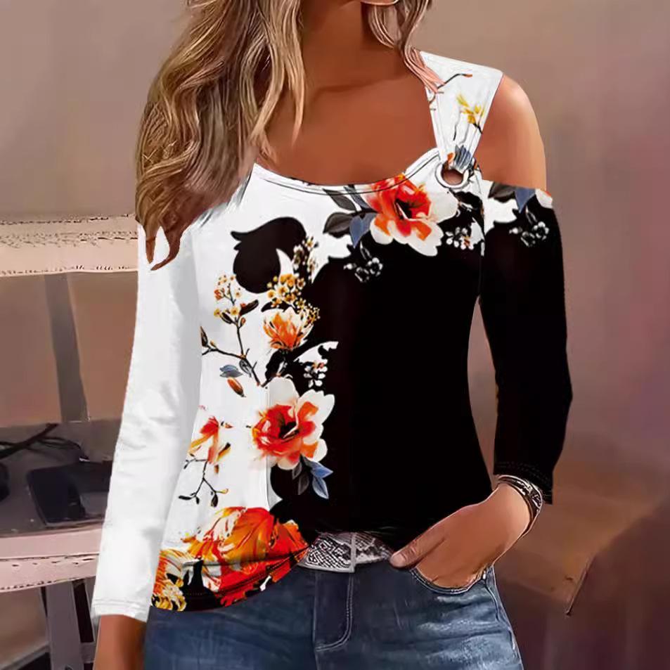 Autumn and Winter Casual V-Neck Metal Button Long Sleeve Printed Top