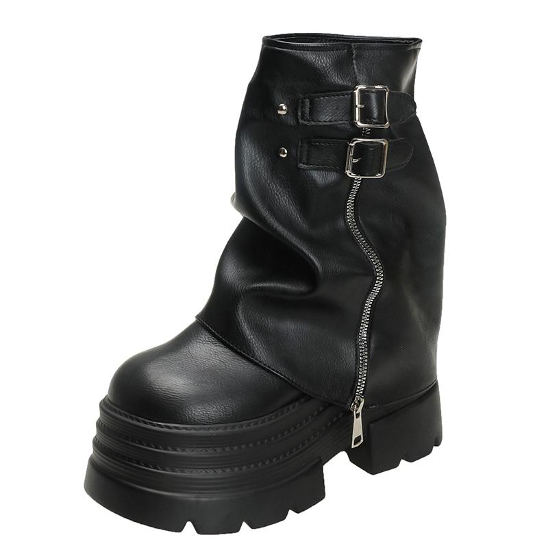 Fashion Women High Platform Ankle Boots Autumn Winter Gothic Style Leather Shoes Buckle Punk Motorcycle Boots Round Toe Chunky Sneakers
