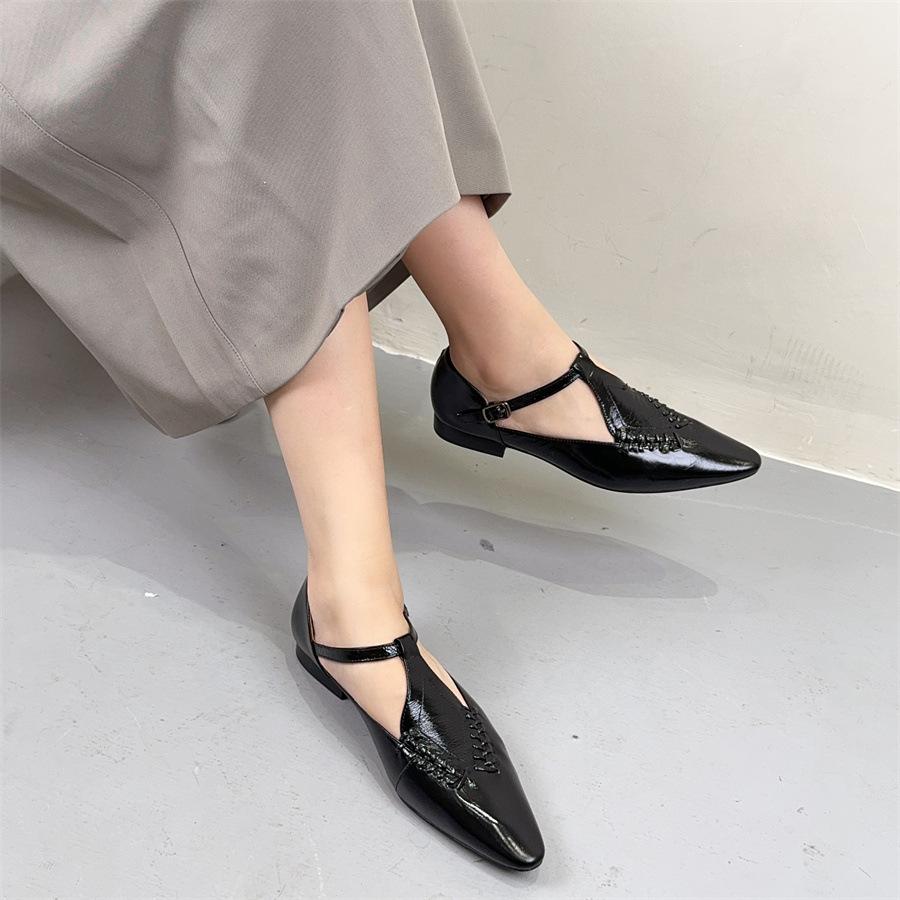 Johnature Genuine Leather Buckle Strap Women's Shoes French Style Versatile Temperament Pointed Flat Shoes