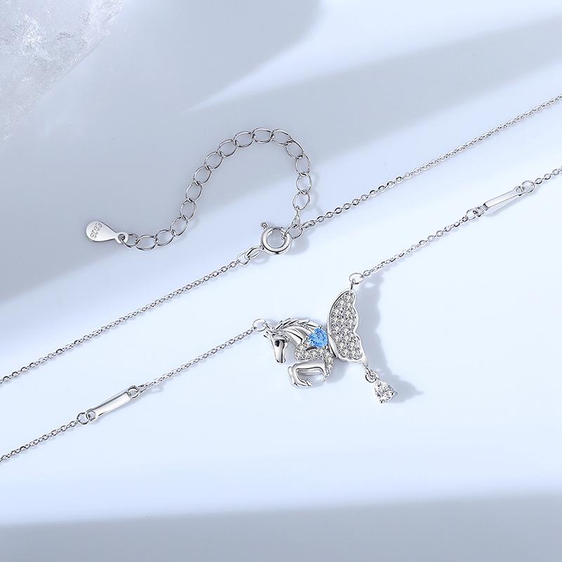 Tichia S925 Sterling Silver Pegasus Necklace - Original Butterfly Wing, Light Luxury Design, 2026 Zodiac Horse Clavicle Chain for Women S925 Silver