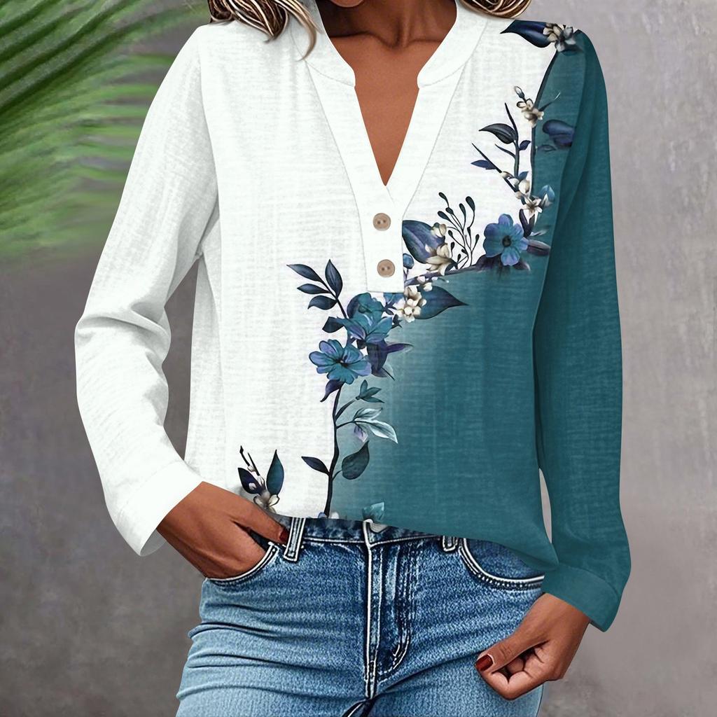 Camisa de Moda y Casual para Mujer Manga Larga Cuello en V Botones Estampada Blusa Top