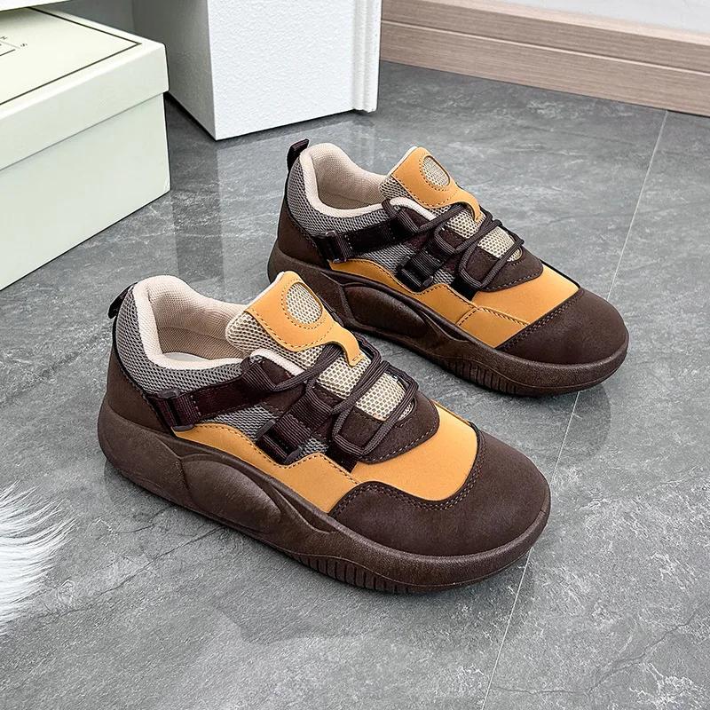 

Модные женские кроссовки на толстой подошве 2024 года, весна-осень, новые дышащие туфли для скейтбординга в стиле ретро, модные теннисные туфли с низким верхом и шнуровкой 35 жёлтый