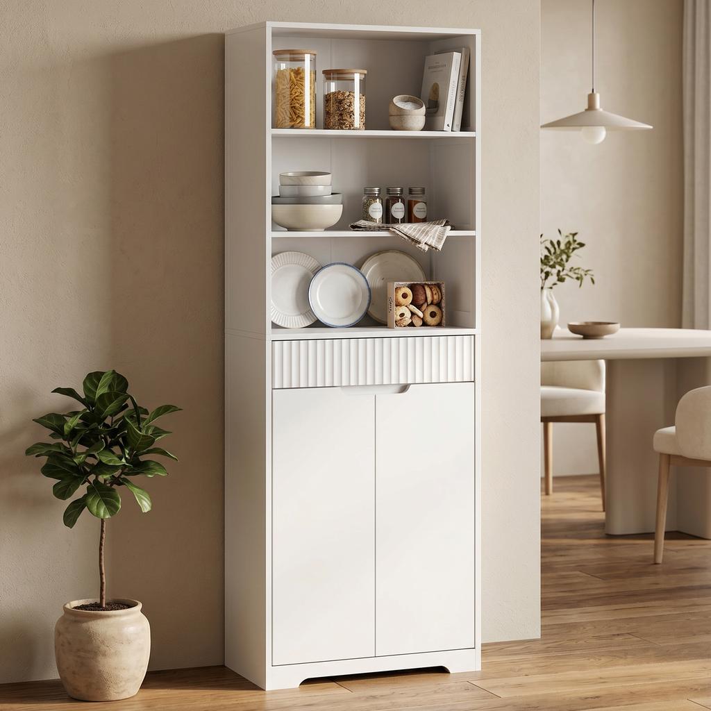 Tall Bathroom Cabinet, 2 Soft-Close Doors, Drawer, 3 Open Compartments, Adjustable Shelves, White