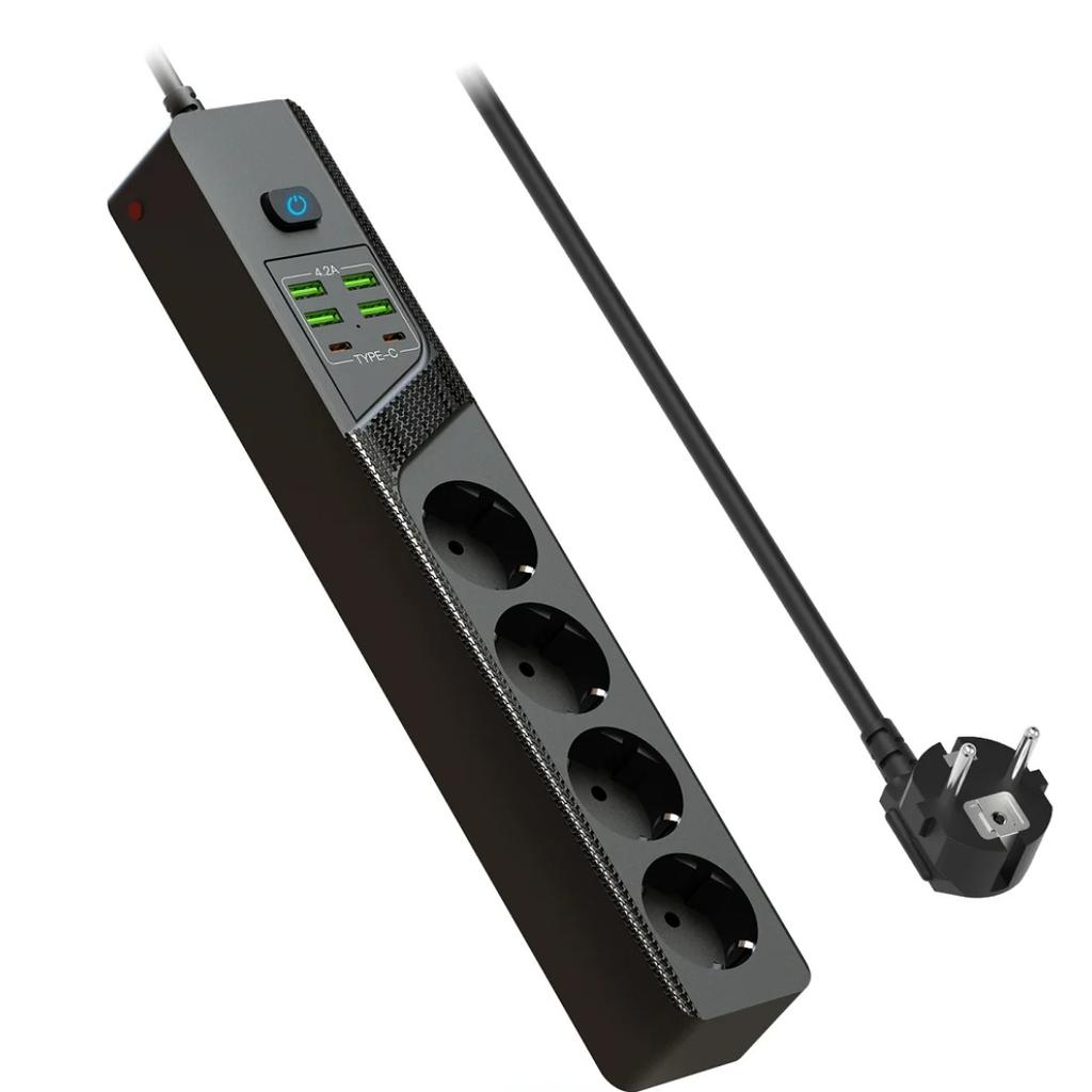 Priză multiplă cu protecție la suprasarcină, priză multiplă cu 4 prize AC, 4 porturi USB-A, 2 porturi USB-C, filtru de rețea pentru casă