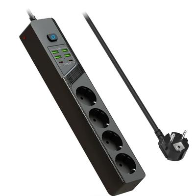 Régua de Tomadas com Plugue UE Proteção contra Sobrecarga Tomada Multiprise com 4 Tomadas CA 4 Portas USB-A 2 Portas USB-C Filtro de Rede para Casa