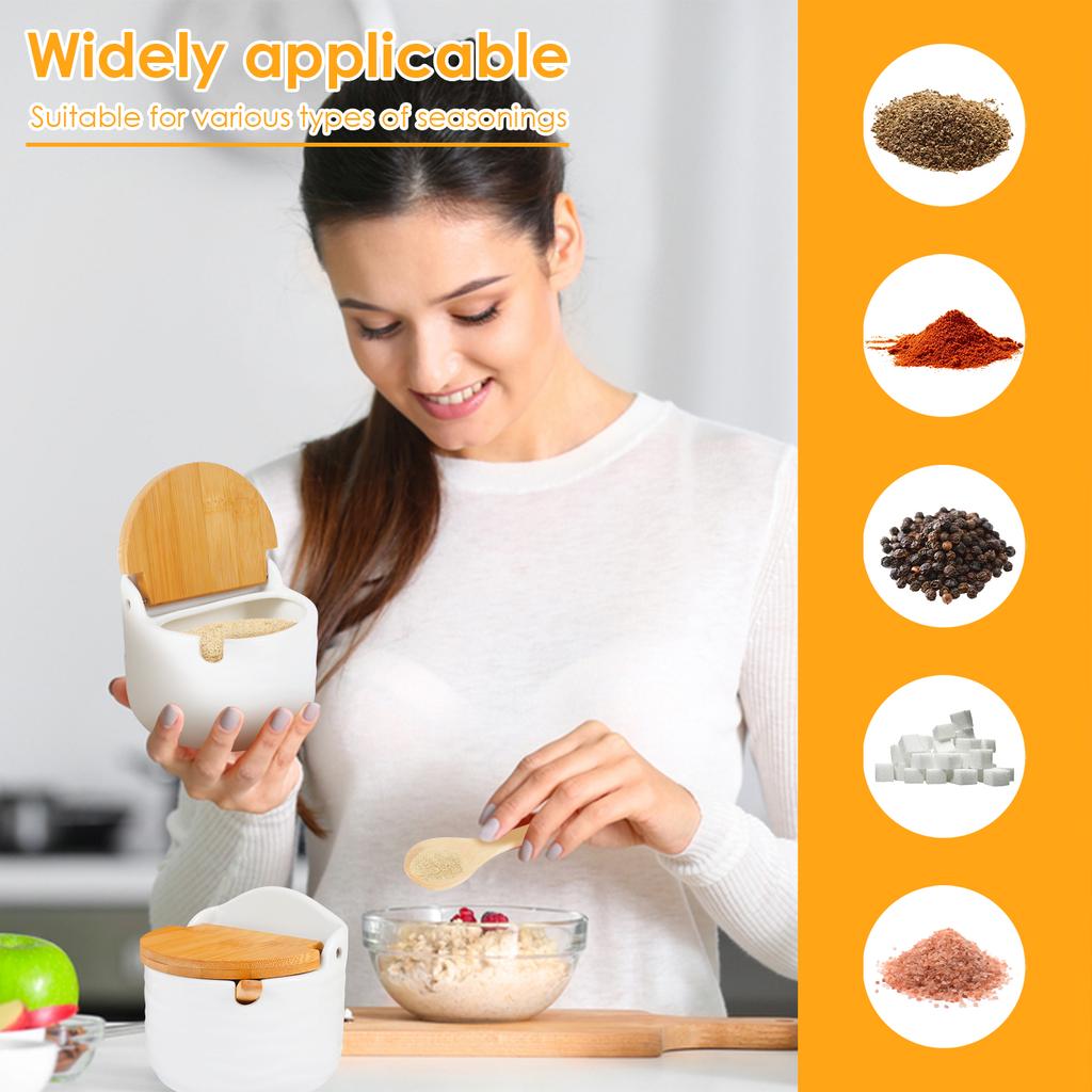 2Pcs Ceramic Seasoning Jar with Lid Spoon Seasoning Box for Sugar Salt Spice Bottle Container with Serving Tray Kitchen Supplies