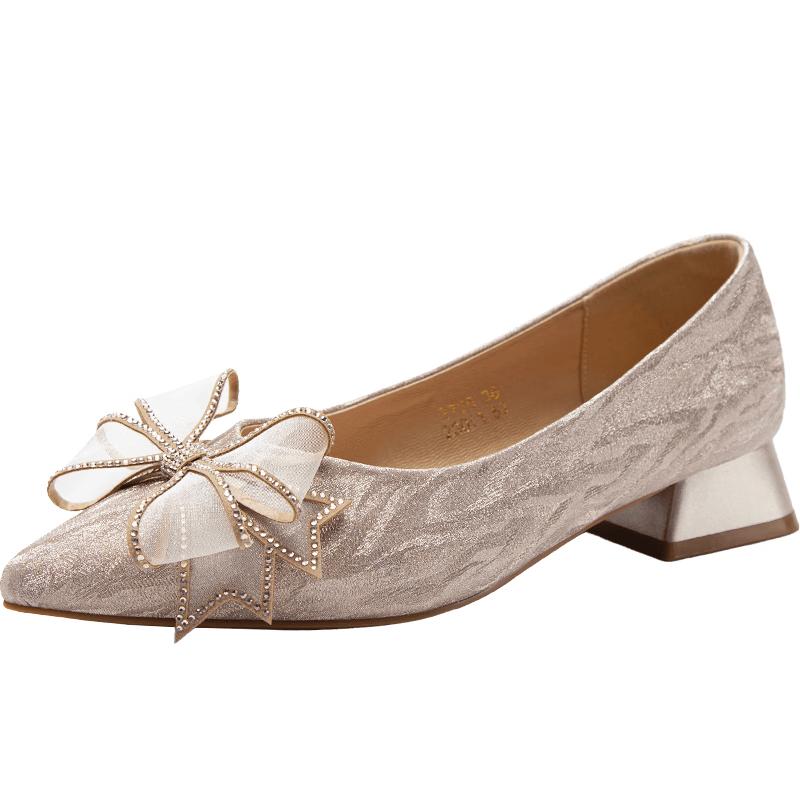 ZHR Elegant Pointed Toe Chunky Heel Pumps with Bow 36