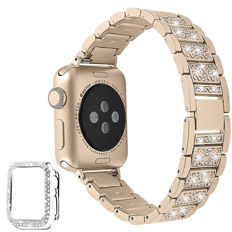 

Rhinestone Decor 3 Beads Replacement Watch Strap+Anti-Scratch Double Row Rhinestone PC Watch Case Cover for Apple Watch Series 7 41mm Retro Gold