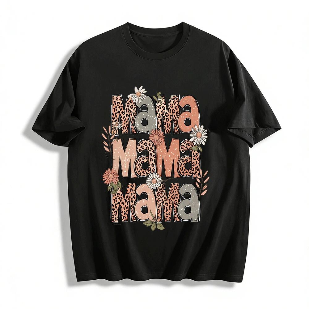 Vintage Leopard Floral Mama Print Casual Crewneck Top Pure cotton T-shirt XXS