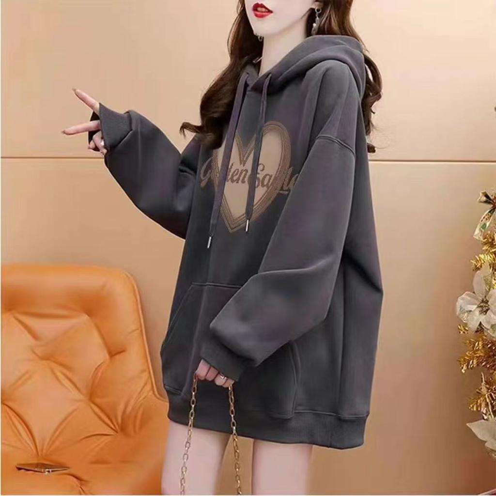 Women's Hooded Long Sleeve Hoodie Loose Fit Casual Heart Print Sweatshirt Korean Leisure Pullover Top