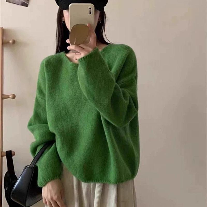 

Short Solid Color Women s Knitted Sweater Korean Gentle Style Pullover Autumn Winter Comfortable Round Neck Long Sleeved Ladies Top One Size зелений